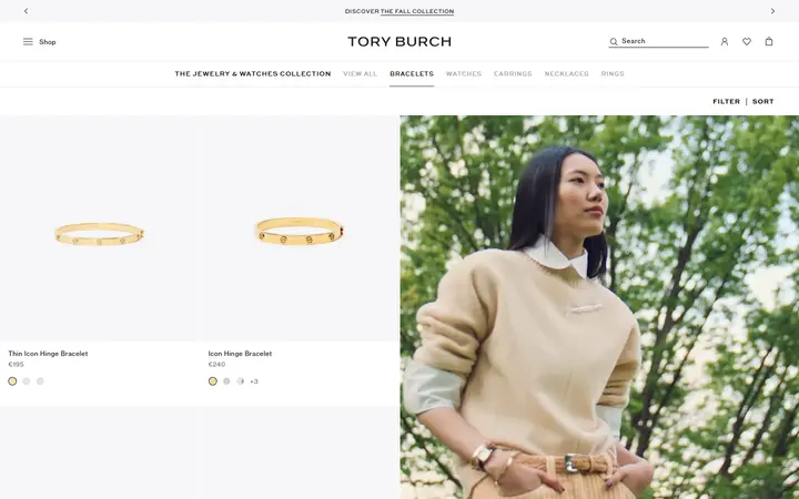 Website page titled Designer Bracelets for Women | Tory Burch EU