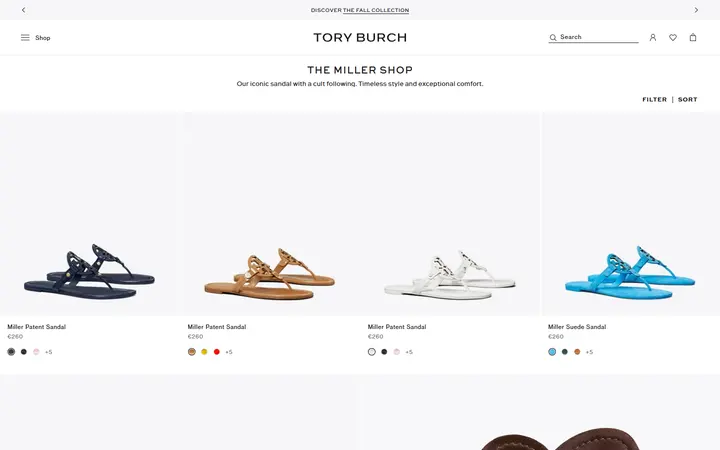Website page titled Miller Sandals, Crossbody Bags & Accesories | Tory Burch EU