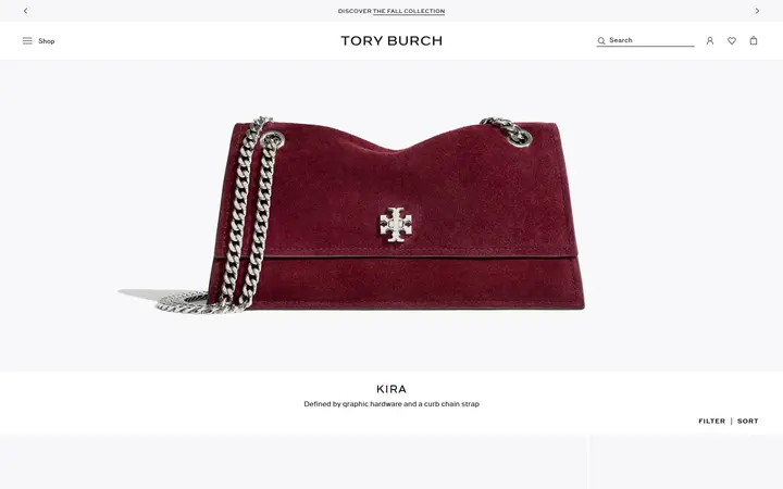 Website page titled Kira Handbags | Chain Shoulder Bags & Chain Wallets | Tory Burch EU