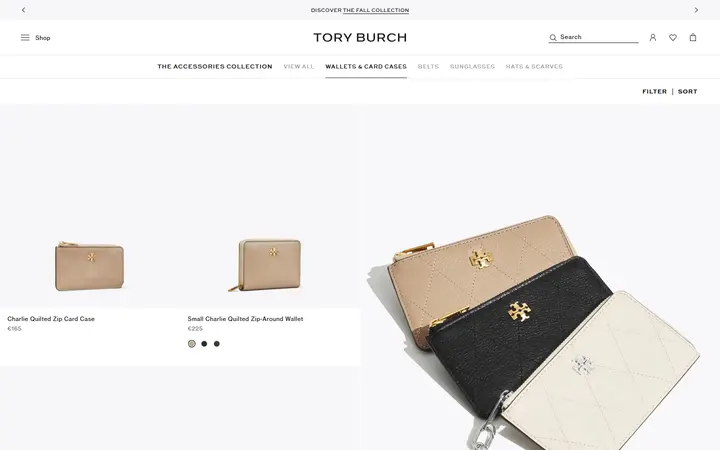 Website page titled Women's Designer Wallets & Cardholders | Tory Burch EU