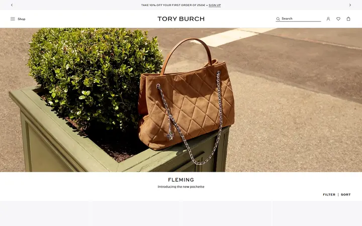 Website page titled Designer Quilted Bags | Quilted Bags & Wallets | Tory Burch EU