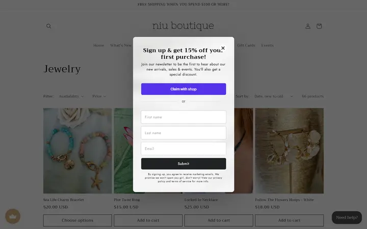 Website page titled Jewelry – Niu Boutique