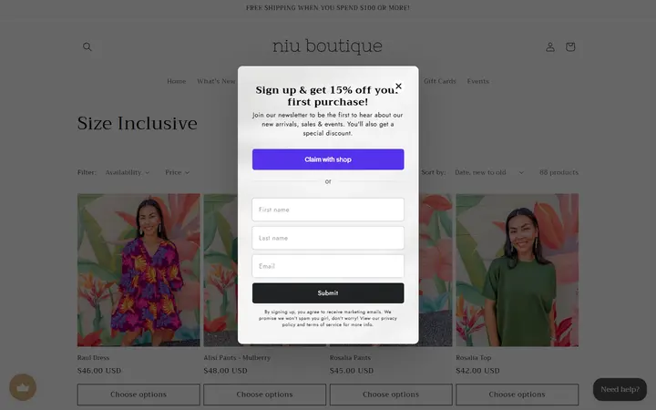 Website page titled Size Inclusive – Niu Boutique