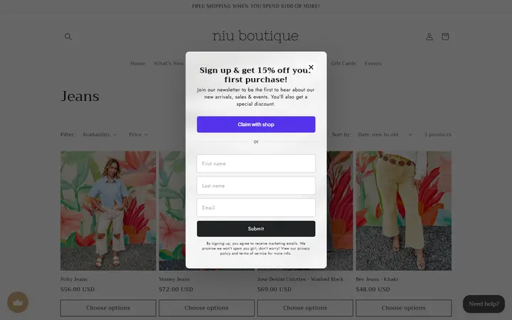 Website page titled Jeans – Niu Boutique