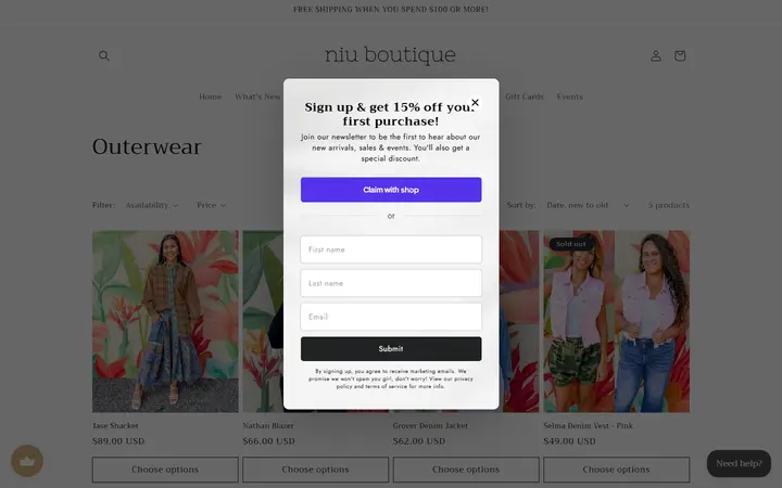 Website page titled Outerwear – Niu Boutique