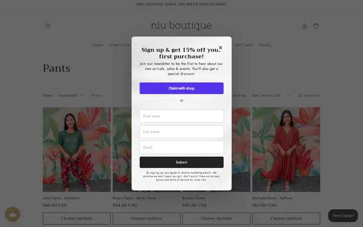 Website page titled Pants – Niu Boutique