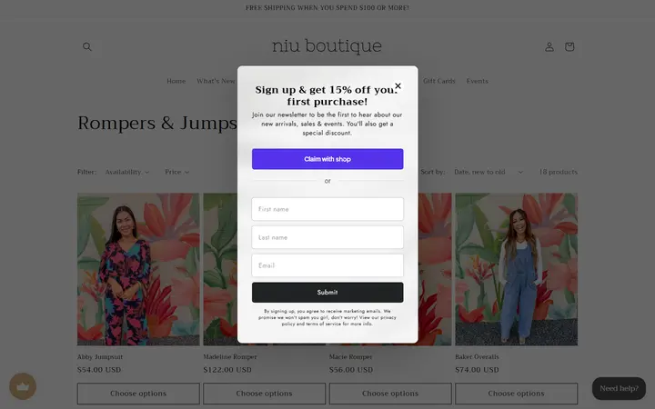 Website page titled Rompers & Jumpsuits – Niu Boutique
