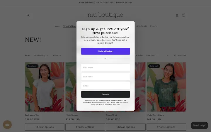 Website page titled NEW! – Niu Boutique
