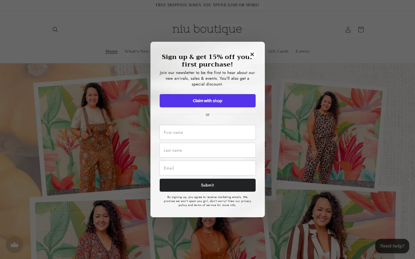 Viewport capture of Niu Boutique website