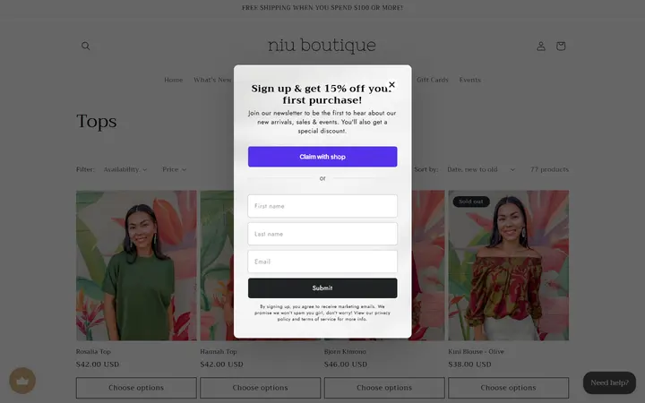 Website page titled Tops – Niu Boutique