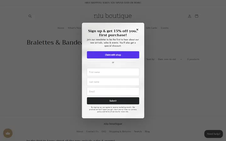Website page titled Bralettes & Bandeaus – Niu Boutique