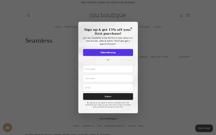 Website page titled Seamless – Niu Boutique