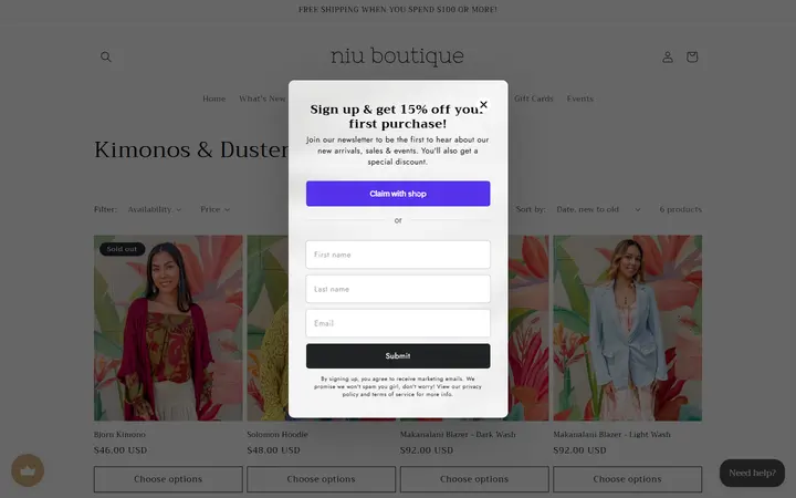 Website page titled Kimonos & Dusters – Niu Boutique