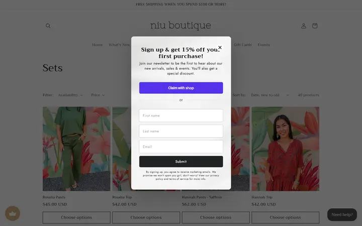 Website page titled Sets – Niu Boutique