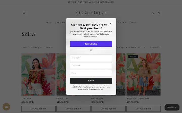 Website page titled Skirts – Niu Boutique