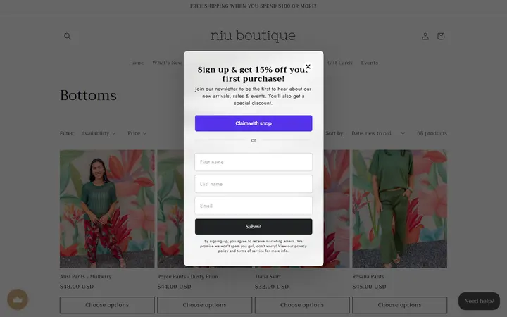 Website page titled Bottoms – Niu Boutique