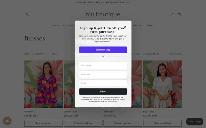 Website page titled Dresses – Niu Boutique