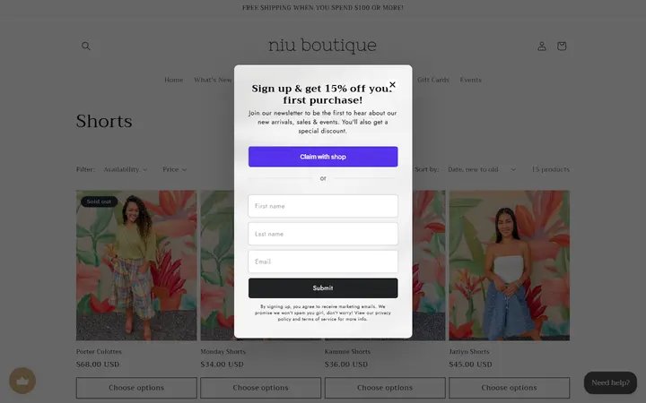 Website page titled Shorts – Niu Boutique