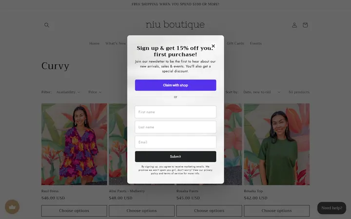 Website page titled Curvy – Niu Boutique