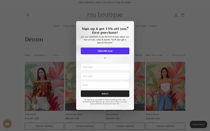 Website page titled Denim – Niu Boutique