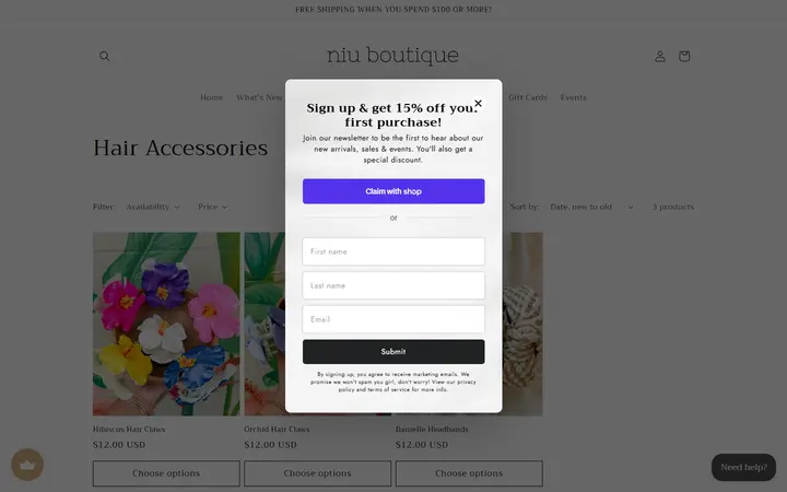 Website page titled Hair Accessories – Niu Boutique