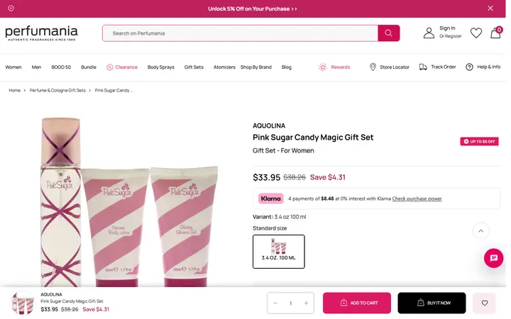 Website page titled Pink Sugar Candy Magic Gift Set – Perfumania - 3.4 oz.