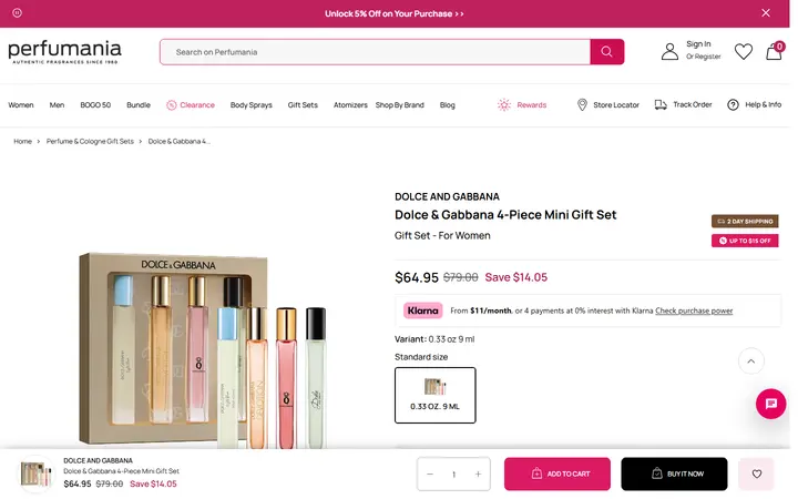 Website page titled Dolce & Gabbana 4-Piece Mini Gift Set – Perfumania - 0.33 oz.