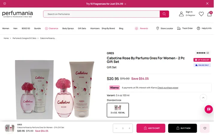 Website page titled Cabotine Rose by Parfums Gres for Women - 3.4 oz.