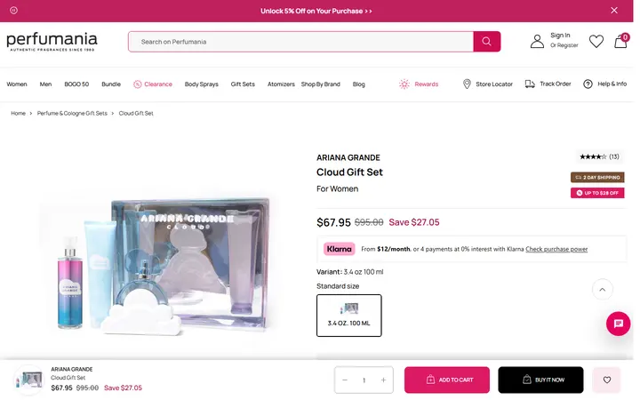 Website page titled Ariana Grande Cloud Gift Set for Women – Perfumania - 3.4 oz.