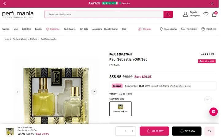Website page titled Paul Sebastian Gift Set – Perfumania - 4.0 oz.