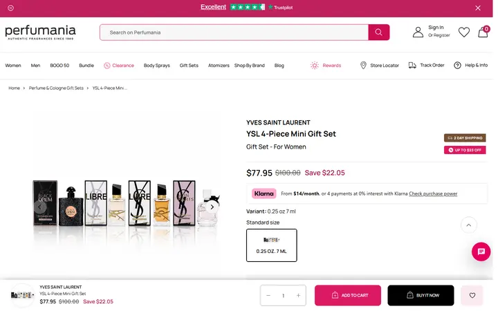 Website page titled YSL 4-Piece Mini Gift Set – Perfumania - 0.25 oz.