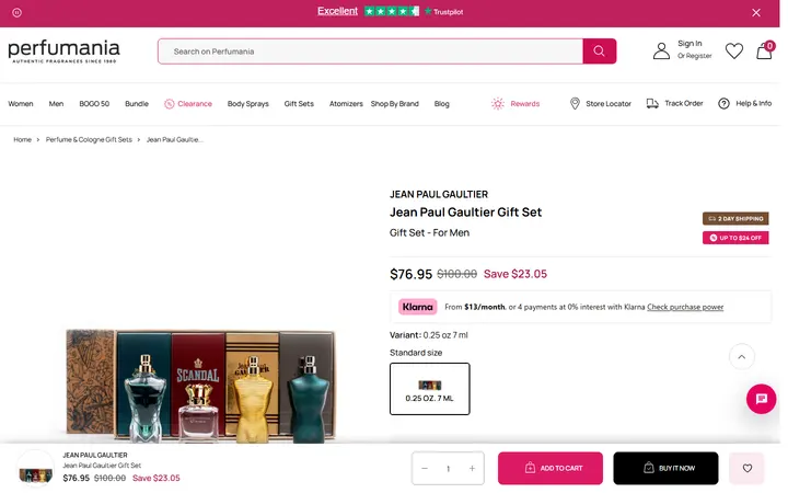Website page titled Jean Paul Gaultier Gift Set – Perfumania - 0.25 oz.