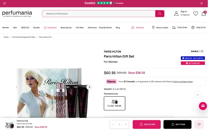 Website page titled Paris Hilton Gift Set – Perfumania - 3.4 oz.