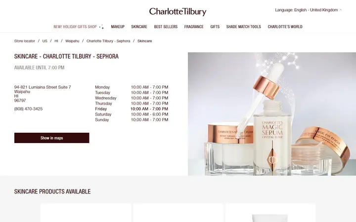 Website page titled Skincare - Charlotte Tilbury Sephora