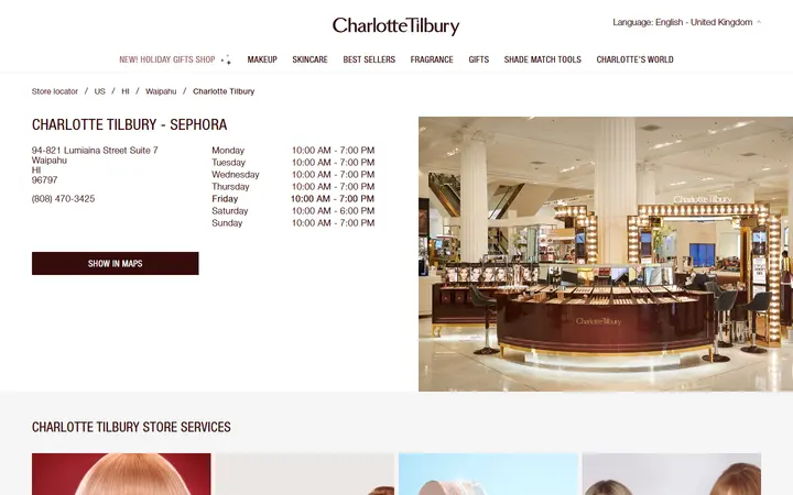Website page titled Charlotte Tilbury Beauty store in Waipahu, United States | In-Store Makeup & Skincare Services.