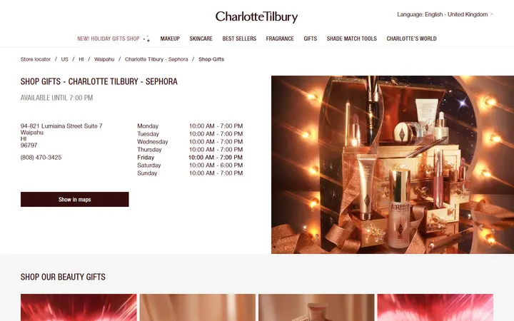 Website page titled Charlotte Tilbury Sephora Discover Charlotte's Beauty Gifts in Waipahu, HI