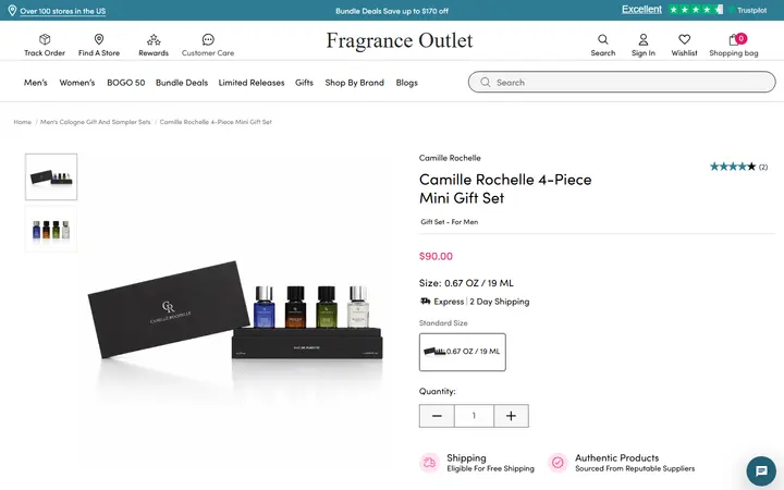 Website page titled Camille Rochelle 4-Piece Mini Gift Set – Fragrance Outlet - 0.67 oz.