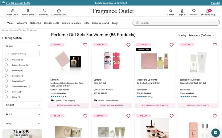 Website page titled Fragrance Gift Sets - Perfume Gift Sets for Women