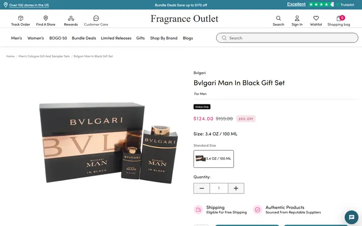 Website page titled Bvlgari Man In Black Gift Set – Fragrance Outlet - 3.4 oz.