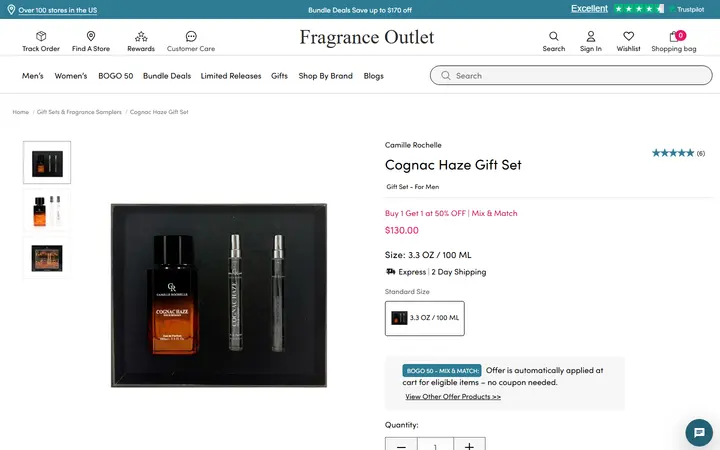 Website page titled Cognac Haze Gift Set – Fragrance Outlet - 3.3 oz.