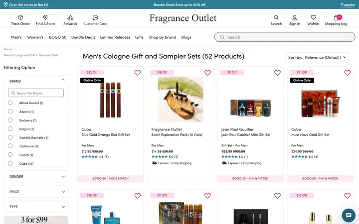 Website page titled Cologne Gift Sets and Men's Cologne Sampler Sets