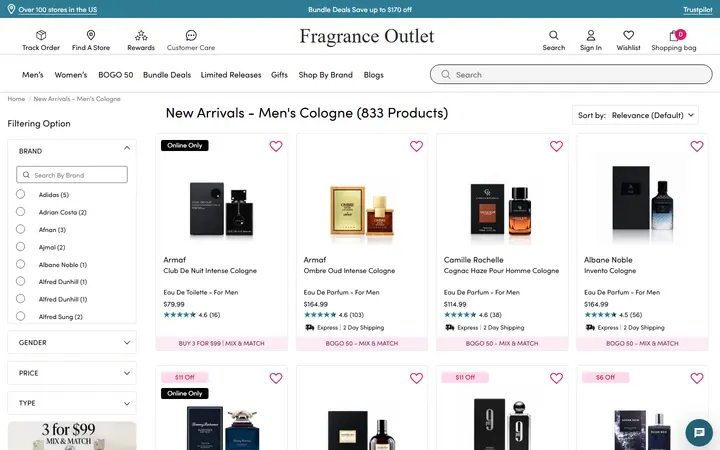 Website page titled New Men's Colognes – Latest Fragrance Arrivals