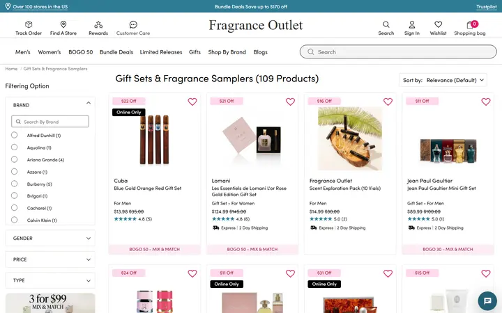 Website page titled Fragrance Gift Sets, Perfumes and Colognes Gift Sets