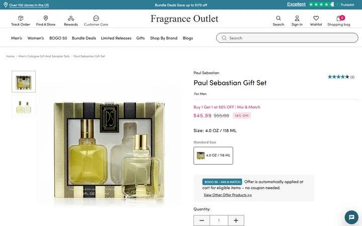 Website page titled Paul Sebastian Gift Set – Fragrance Outlet - 4.0 oz.