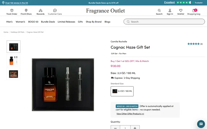 Website page titled Cognac Haze Gift Set – Fragrance Outlet - 3.3 oz.
