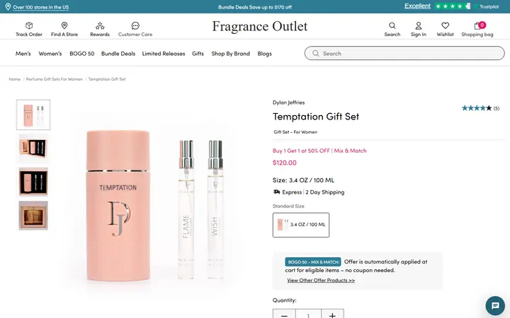 Website page titled Temptation Gift Set – Fragrance Outlet - 3.4 oz.