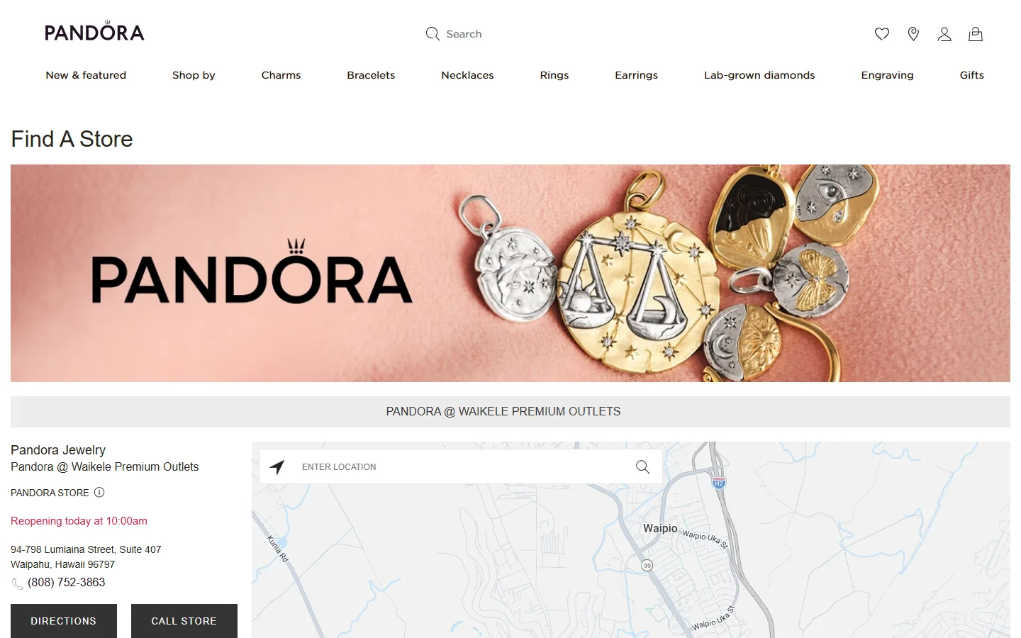 Viewport capture of Pandora Jewelry website