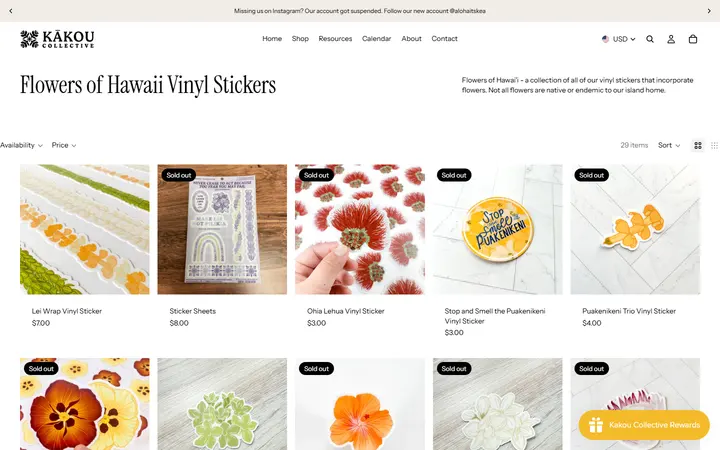 Website page titled Flowers of Hawaii Vinyl Stickers – Kakou Collective