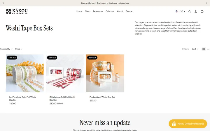 Website page titled Washi Tape Box Sets – Kakou Collective