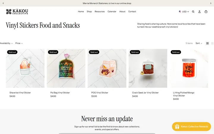Website page titled Vinyl Stickers Food and Snacks – Kakou Collective